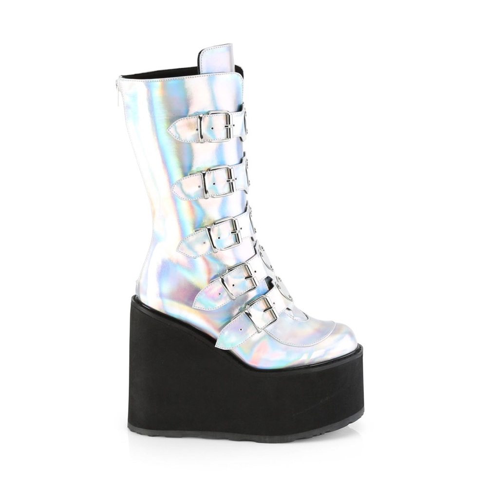 Demonia Womens Heart Strap Silver Platform Boots